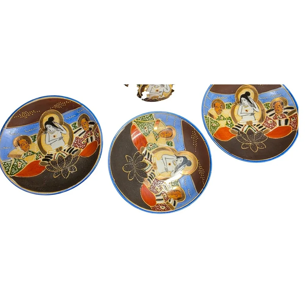 Tea Set Japanese Satsuma Moriage Antique 5pc Immortal Figures Brown Blue Gold